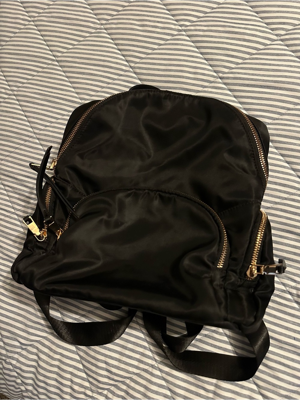 Black Nylon Backpack with Gold Hardware